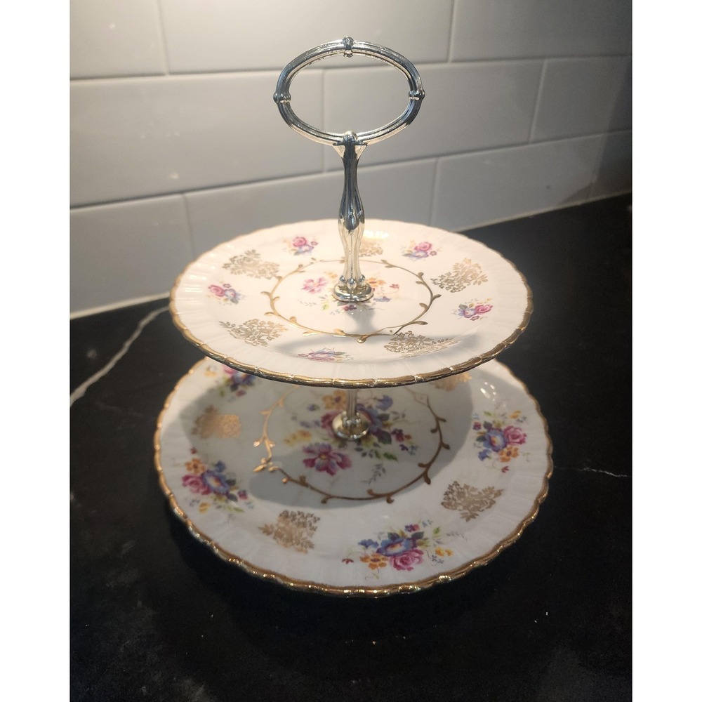 Wood & Sons Avon 2-Tier Cake Stand Vintage Floral Ironstone England Alpine White